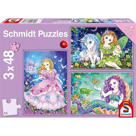 Puzzle Prinzessin, Fee & Meerjungfrau, 3 x 48 Teile