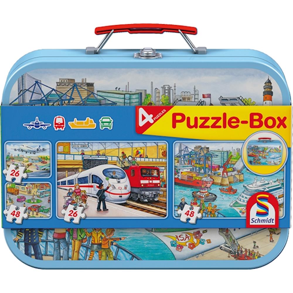 Puzzle Verkehrsmittel & Metallkoffer, 2 x 26, 2 x 48 Teile