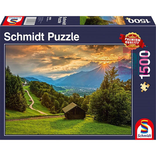 Puzzle Sonnenuntergang über dem Bergdorf Wamberg, 1500 Teile